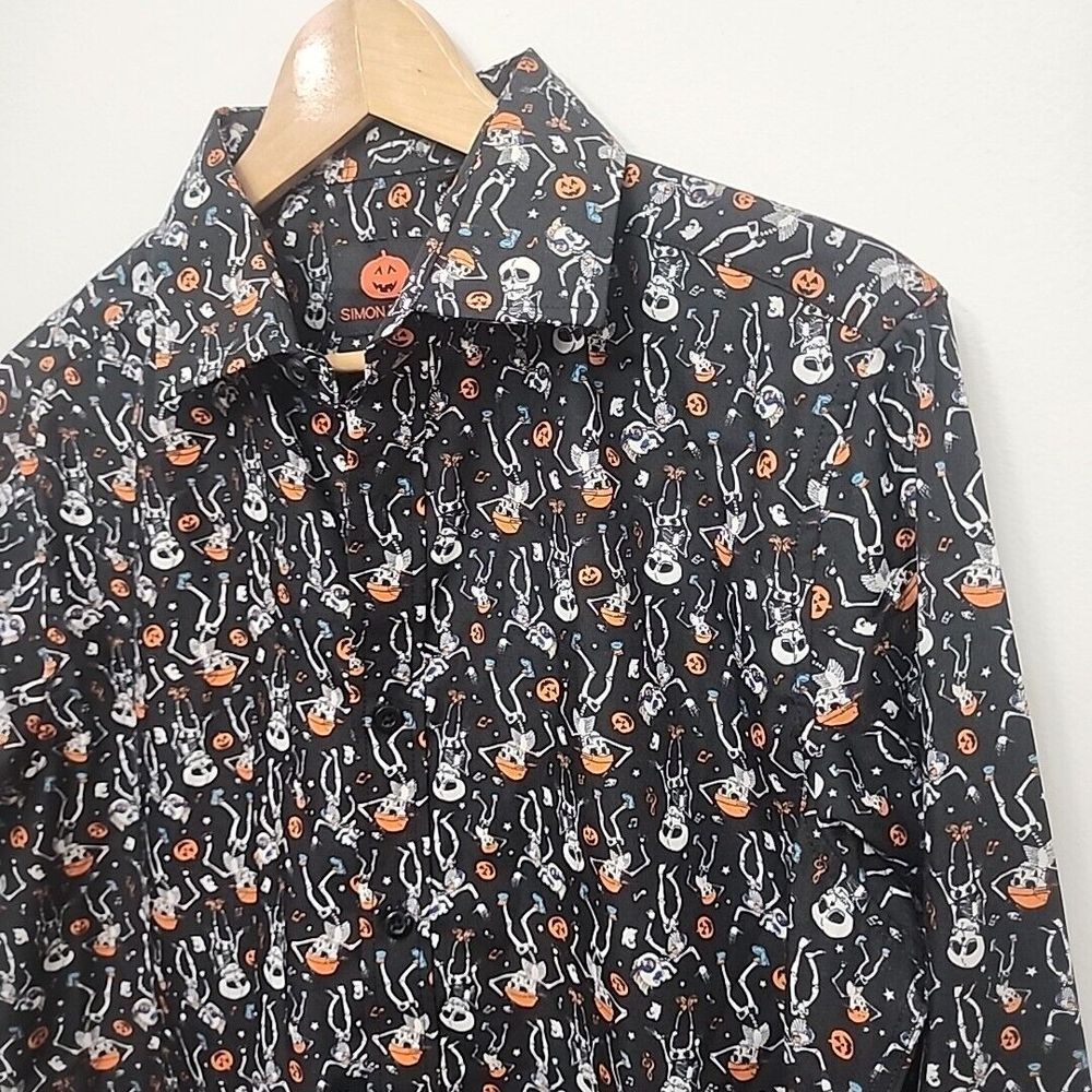 Simon Banks Button‎ Down Mens Medium Black Halloween Skeleton Pumpkin Goth